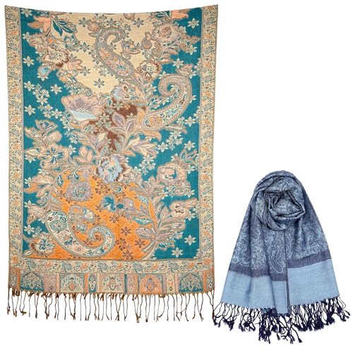 Achillea 2 Pack Steel Blue Paisley Pashmina and Teal Dark Amber Floral Shawl Bundle