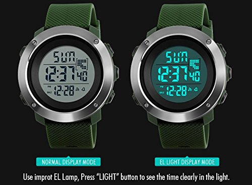 Comparison of SKMEI Digital Watch Model 1268 display in normal and EL light modes.