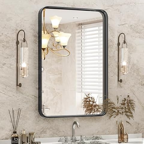 DUMOS Black Metal Framed Vanity Rounded Rectangle Bathroom Mirrors 30x22 Inch Cover