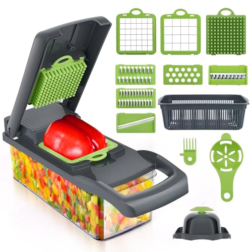 Lnopever 14 in 1 Mandolina per Verdure Professionale, Affettaverdure e Mandolini da Cucina Manuale Multifunzione,Taglia Verdure Cubetti con Custodia,per Aglio, Cavolo, Carote, Patate, Pomodori