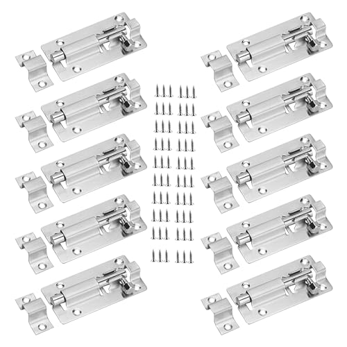 ZEONHAK 10 PCS 3 Inch Door Slide Latch Lock, Stainless Steel Sliding Door Latch with 60 Screws, Silver Door Internal Bolt Latch for Gate Door Yard Garden