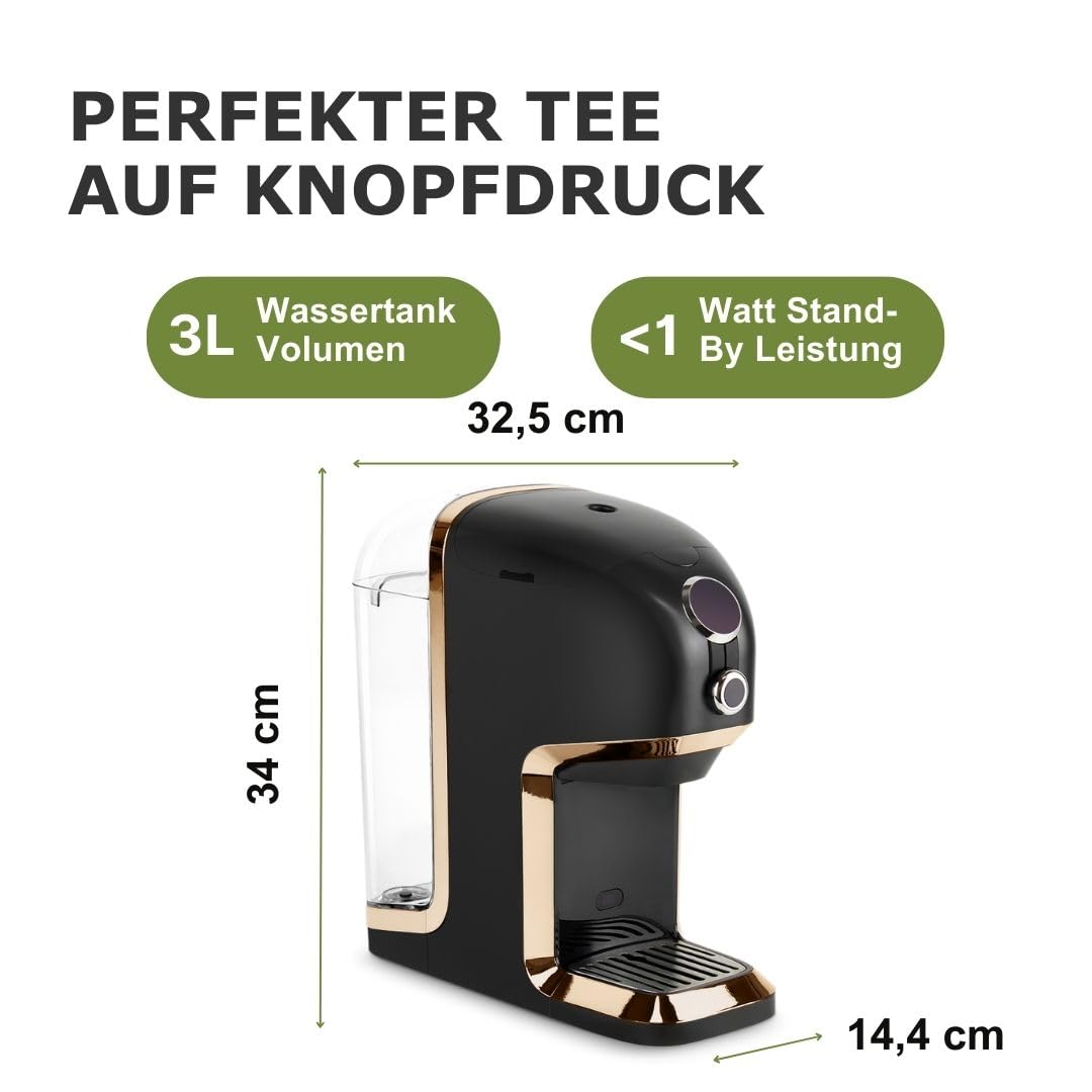 BRU Tee Automat für losen Tee & Kräuter & Teebeutel, OHNE Kapseln, Heißwasserspender & Teemaschine in einem, Tee & filtriertes Wasser auf Knopfdruck, automatisches Reinigungssystem (Schwarz/Chrome)
