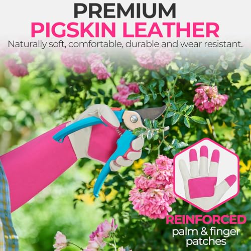 Image of HANDLANDY Rose Pruning Gloves for Men Women, Thorn Proof Gardening Gloves | Long Leather Gardening Gloves, Breathable Leather Gauntlet, Best Garden Gifts & Tools for Gardener (Pink, S)