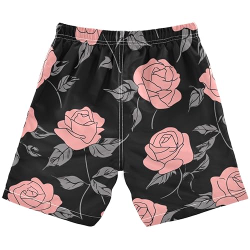 Boys Beach Board Shorts Rose Black Funny Flower Swim Trunk Teen Swimwear2