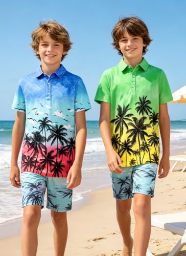 Kids4ever 2 Pack Boys Short Sleeve Polo Shirt Hawaiian Print Golf Casual Collared Shirts Funny Holiday Clothes Blue Green Palm Tree Outfoors Tops 13-14 Years — view 5