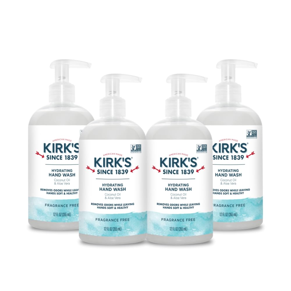 Kirk'sHydrating Hand Wash - Made with Coconut Oil and Aloe Vera, With Odor Neutralizing Technology To Help Eliminate Odors, Non-GMO, Vegan, Fragrance Free, 12 Fl Oz. 4 pack