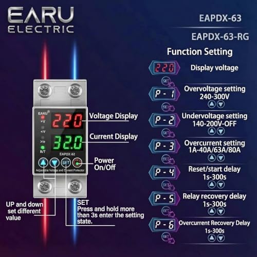 Image of EARU 63A Single Phase 220V Automatic Over /Under Voltage Protector (Adjustable Setting) | Auto Reconnect | RCBO RCCB ELCB MCB-220V | OEM 2026 Model | 3 Year Warranty