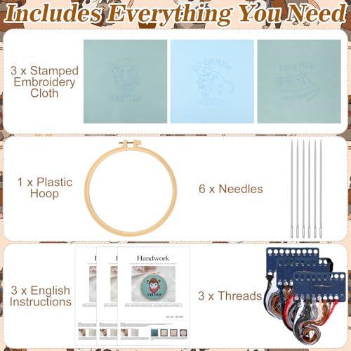 Image of Mindsoft 3 Set Needlepoint Kit for Beginners with Hoop,Cowboy Possum | Bamboo Hoop Thread Needles Instructions, Easy Hand Embroidery for Beginners Home Crafts,Pre-stamped Funny Cute Designs
