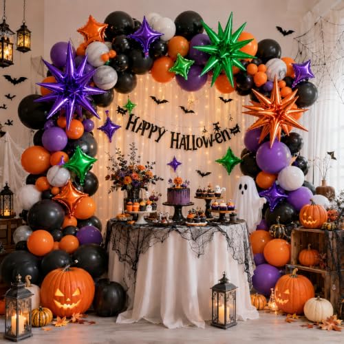 Image of Star Balloons Halloween Balloon Purple Orange Green Explosion Stars Balloon | 22 /18 /10 In Metallic Orange Purple Green Spike Stars Foil Balloon for Halloween Ghost Themed Birthday Gradution Party Decor