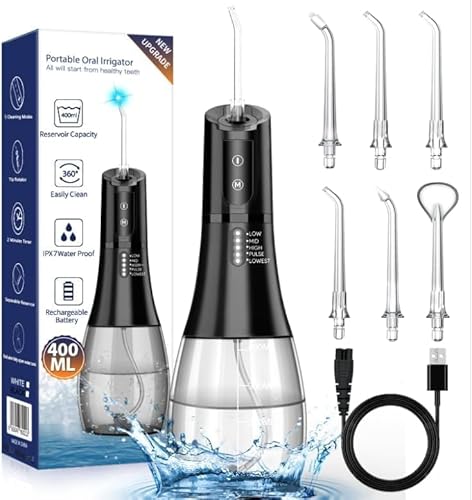 Vinmall Water Flossers for Teeth Cordless: Professional Oral Irrigator 5 Modes & 6 Jet Tips 400ML Water Tank Rechargeable Water Flossers for Teeth, IPX7 Waterproof for Travel & Home Use Teeth Cleaner