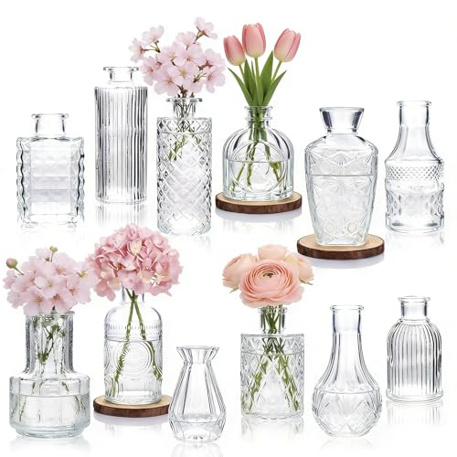 Otauoaea Lot de 12 Mini Vases en Verre - Déco Vintage Transparente - Vases à Fleurs pour Mariage et Centre de Table - Petits Vases de Table en Taille...