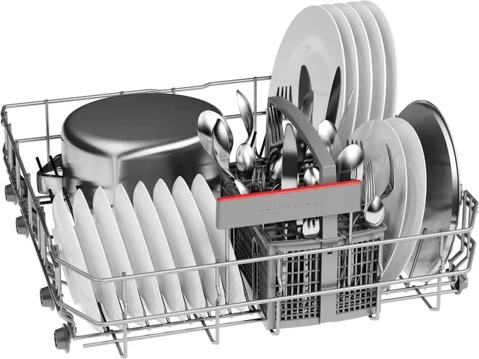 Lower basket of Bosch dishwasher loaded with plates and a pot