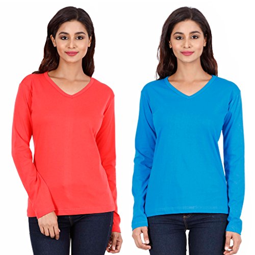 Image of FLEXIMAA Women's Cotton Plain V Neck Full Sleeve T-Shirt