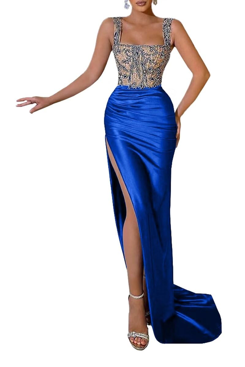 Spaghetti Straps Beaded Prom Dresses Lace Mermaid Evening Formal Gowns with Train Side Split Ruched Party Dresses DR0428