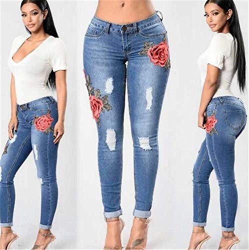 Andongnywell Women's Butt Lift Skinny Stretch Ripped Embroidery Jeans Embroidered Distressed Denim Pants (Blue,Medium) #TOP4