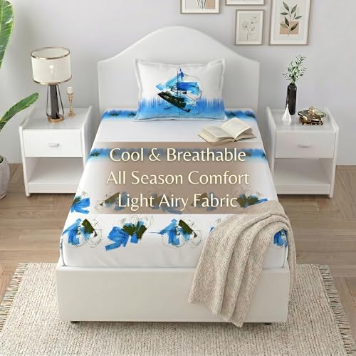 Image of Mafatlal 186 TC Autumn Delight Graceful Pure Cotton Single Flatsheet (60 x 90 Inch) | Breathable Summer Comfort | Wrinkle-Free Floral Bedsheet with 1 Pillow Cover, White Blue