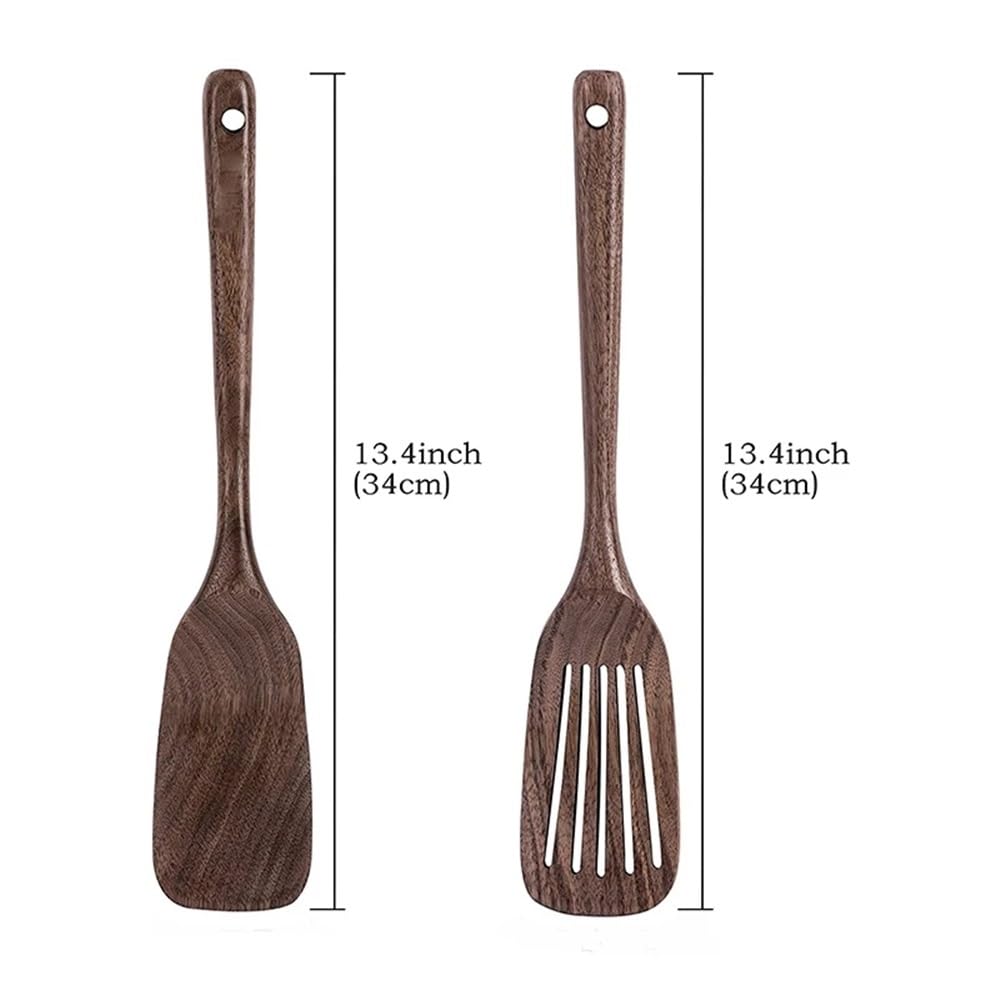 Espátula de Madera y espátula ranurada for cocinar, Mango Largo de Nogal Negro y ranurada for Utensilios de Cocina antiadherentes.