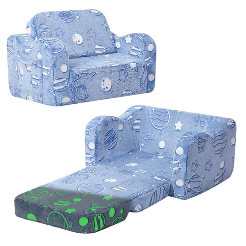 MeMoreCool Kindersofa Ausklappbar, 2-in-1 Kleinkinder Schlafsofa, Kindersessel mit Schlaffunktion, Mini Couch für Kuschelecke Kinderzimmer, Spielsofa für Mädchen und Jungen, Leuchtendes Universum