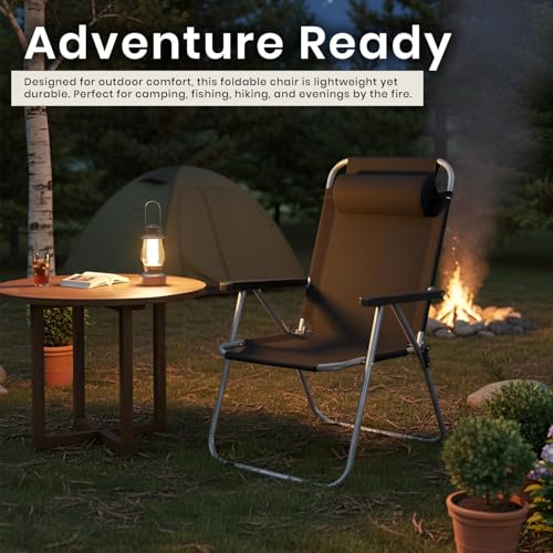 Image of ORILEY Camping Chair with Adjustable Pillow and Arm Rest Portable & Lightweight Foldable Garden Fishing Chairs for Travelling Outdoor Beach Hiking (Large, Black)