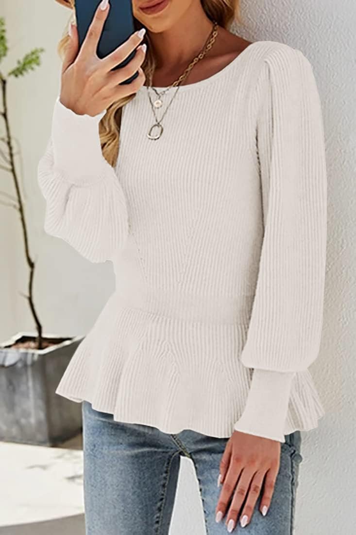 Womens Fall Puff Sleeve Peplum Casual Slim Fit Knit Pullover Sweater Jumper Tops - Image 4