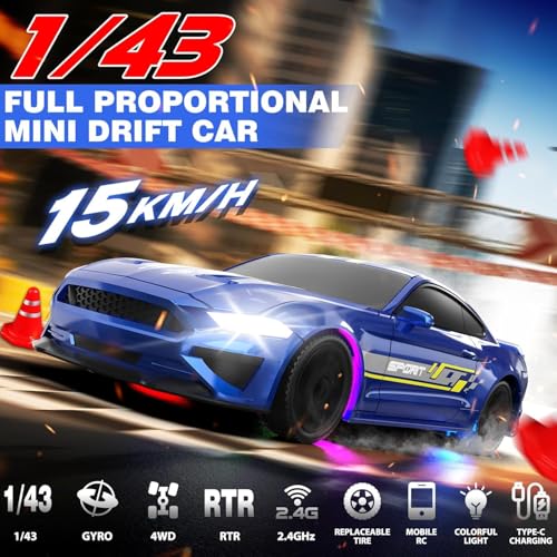 Image of FEXXA 1 /43 Scale RC Drift Race Car Gyro 4WD Ready to Go Mini Remote Control Car High Speed Model (1:43 RC Drift Mustang-Blue)