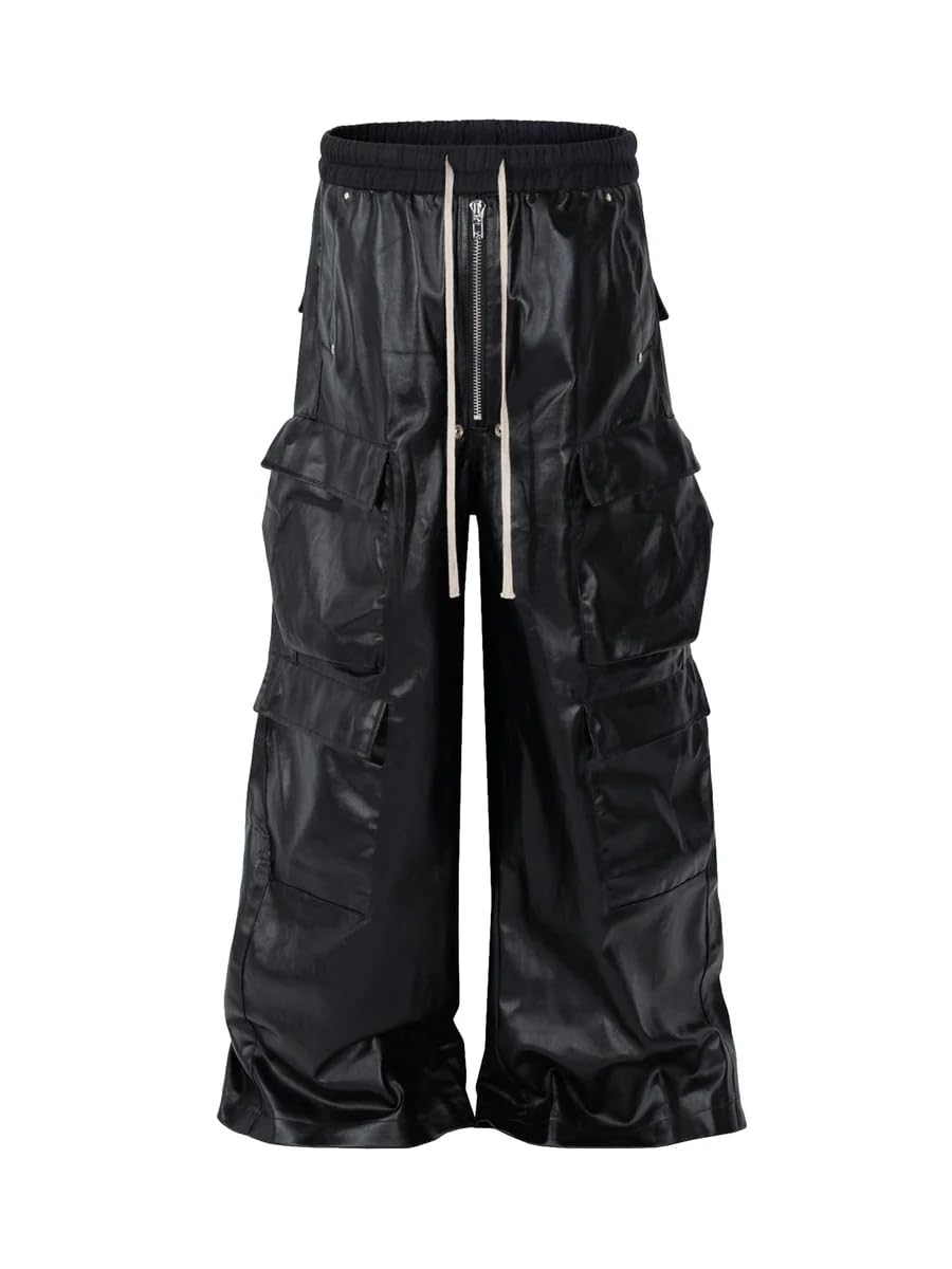 Black Matte Faux Leather Grunge Streetwear Cargo Pants Baggy Wide Leg Street Hip Hop Trousers