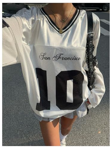 Women's Jersey Shirts Number Letter Graphic V Neck Long Sleeve Oversized Sports T Shirts Tops4