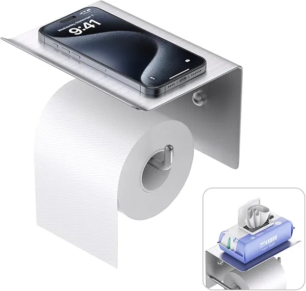 Toilet Paper Holder with Shelf, RV Camper Paper Holder Adhesive and Drilling Wall Mount, Matte Black Stainless Steel SUS304 for Bathroom, Brushed Nickel