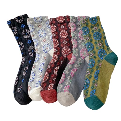 Vintage Embroidered Floral Socks for Women, Combed Cotton Crew Socks