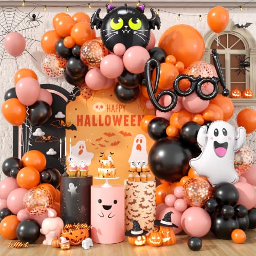 Image of Halloween Balloon Arch Kit, Halloween Dusty Pink Orange Black BOO Balloons