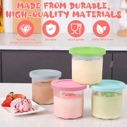 Druuzyl 4 Stück Creami Behälter für die Ninja Creami Eismaschine, Behälter für Ninja Creami Eismaschine, Eisbehälter mit Deckel, Tubs Zubehör für NC301 NC300 NC299AMZ-Serie mit Aluminiumlöffel