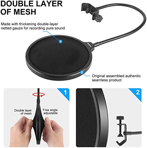 Image of kh Pop Filter for Microphones Mask Shield for Microphone Dual Layered Wind Pop Screen with A Flexible 360 Gooseneck Clip Stabilizing Arm
