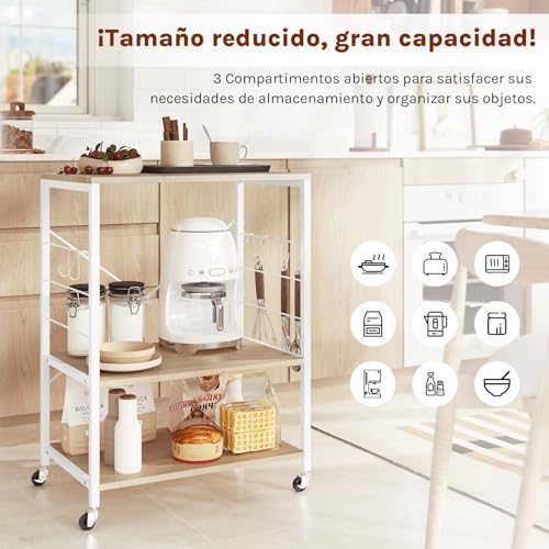 WOLTU Estantería de Cocina con Ruedas, Carrito Auxiliar con Estanteria Almacenaje 3 Niveles, Carro Cocina con 4 Ganchos, Estante de Microondas, Marco Metalico, Blanco + Roble Claro, 60x40x82,5 cm - imagen 6