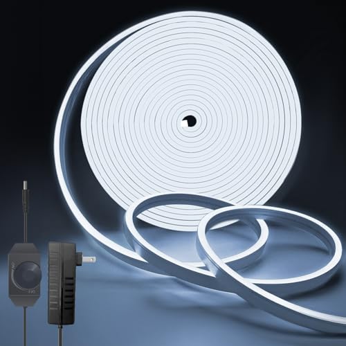MMEEVT Neon Rope Lights, 32.8ft Cool White Dimmable LED Rope Lights, Cuttable Waterproof Flexible DIY LED Strip Lights for Bedroom, Indoor, Outdoor Decoration (Power Adapter Included)