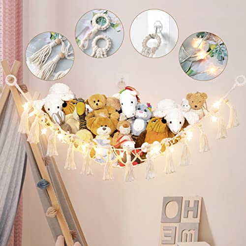 Dremisland Stuffed Animal Toy Hammock With Fairy Lights Macrame Boho Plush Toy Net Hammock With Tassels-Stuff Animals Organizer Storage Corner Plush Toys Net Holder For Nursery Play Room, Kids Bedroom #TOP1