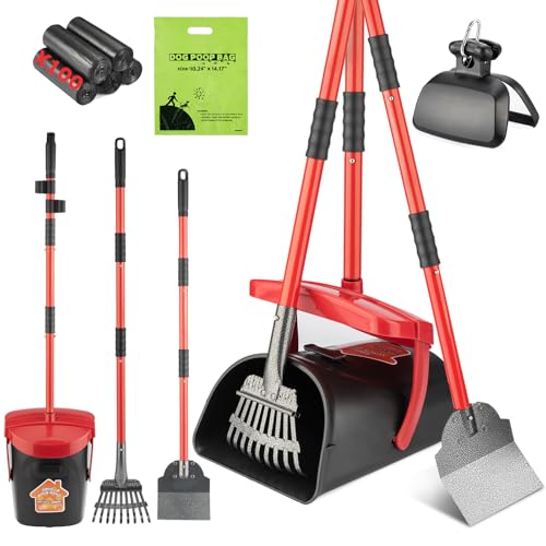 HUZSV Pooper Scooper with Swivel Bin-Heavy-Duty Metal Rake & Spade, Portable Poop Scooper,Includes 100 Waste Bags, Easy to Clean, Perfect for Grass Dirt or Gravel,Ideal for Small Medium Large Dogs