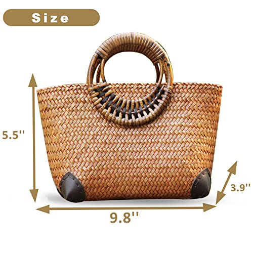 Image of Summer Beach Bag, Boho Handmade Rattan Handbag, Round Bamboo Handle, Large Straw Retro patternTote Bag for Beach Vacation Daily(Khaki)