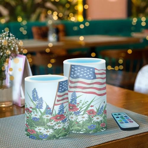 Image of Lights Flameless Candles Wildflowers American Flag Pillar Candles Set of 2 Battery Operated Remote Control Warm Lights Home Decor