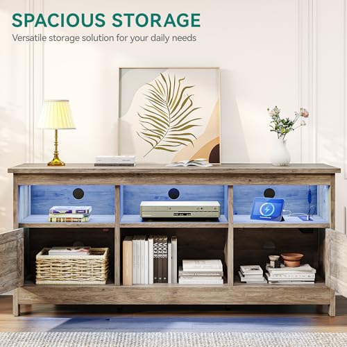 YITAHOME Farmhouse TV Stand with Power Outlet, Entertainment Center, LED Light Media Console, Simple TV Cabinet for Living Room or Bedroom, Rustic Grey 59 Inch - Image 7