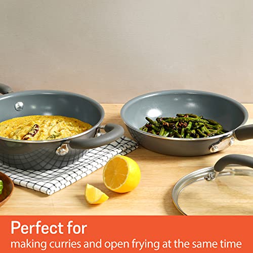 Image of Meyer Anzen Healthy Ceramic Coated Cookware Set - 20cm Frypan, Kadai with Interchangeable Lid, Grey, 3-Piece