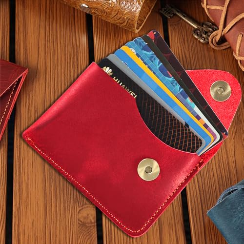 2 Pcs Classic Handcrafted Leather Card Holder with Secure Snap,Ultra Slim Minimalist Coin Pouch Credit Card Wallet Front Pocket Purse for Women & Men (2Pcs+Red)4