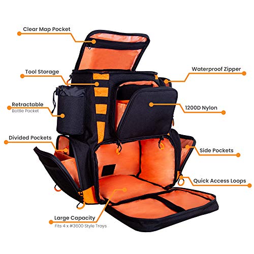 etacklepro Fishing Backpack Waterproof Tackle Bag with Protective Rain Cover Includes 4 Tackle Boxes Stainless Steel Fishing Pliers and Lanyard - Black Orange