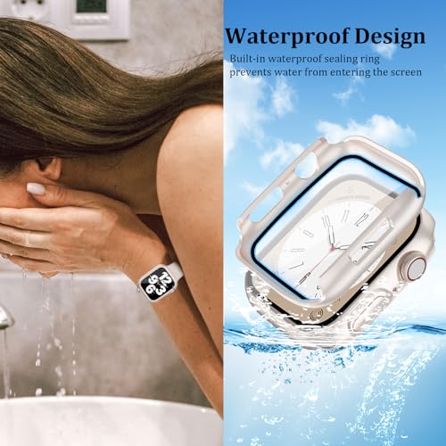 QCKANLJ 2 Pack Waterproof Case for Apple Watch Series 9 8 7 41mm with Tempered Glass Screen Protector, iWatch Full Protective Hard PC Bumper Case Face Cover for Men Women 41mm by QCKANLJ - Image 2
