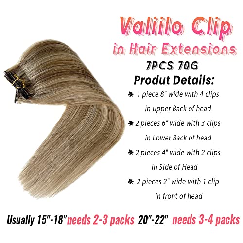 Image of Blonde Clip in Human Hair Extensions Real Remy Natural Hair 20Inch Light Blonde Highlighted Golden Blonde Balayage Clip for Hair Extensions 7 Pieces 70G