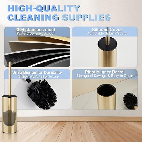 Image of Toilet Brush and Holder Set, NEWRAIN 304 Stainless Steel Toilet Brush with Long Brush Handle, Brushed Gold Toilet Scrubber and Covered Holder, Round Design Sturdy and Space Saving, Covered Brush