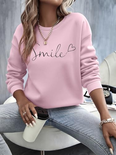 Minetom Pullover Damen Herbst Winter Sweatshirt Rundhals Langarm Pulli Frauen Oberteil Sweatshirts ohne Kapuze A Rosa L