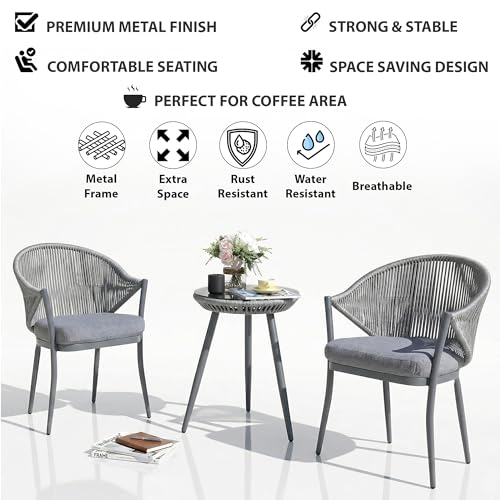 Image of BRISHI Garden Patio Seating Chair and Table Set Outdoor Balcony Garden Coffee Table Set Furniture with 1 Table and 2 Chairs Set with Cushion Braid & Rope (Gray)