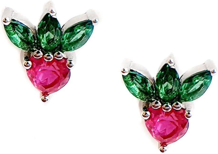 Strawberry Studs Earrings Cubic Zirconia Sterling Silver 925 Fruit Food Jewelry Fun Ear Posts