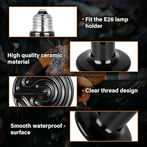 Image of VAYINATO Reptile Ceramic Heat Emitter Lamp | No-Light Heating Bulb for Lizards, Snakes, Tortoises | Long-Lasting Heat Source for Terrariums & Vivariums | Silent & Safe (Black) (50W)