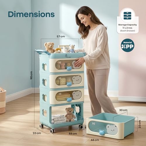 Image of R for Rabbit Kiddo Korner Bear Baby Organiser with Drawers & Wheels | Kids Toy & Clothes Storage with Open Shelf & Side Basket | Easy Plug N Play Installation with Lockable 360 Wheels (Blue Cream)